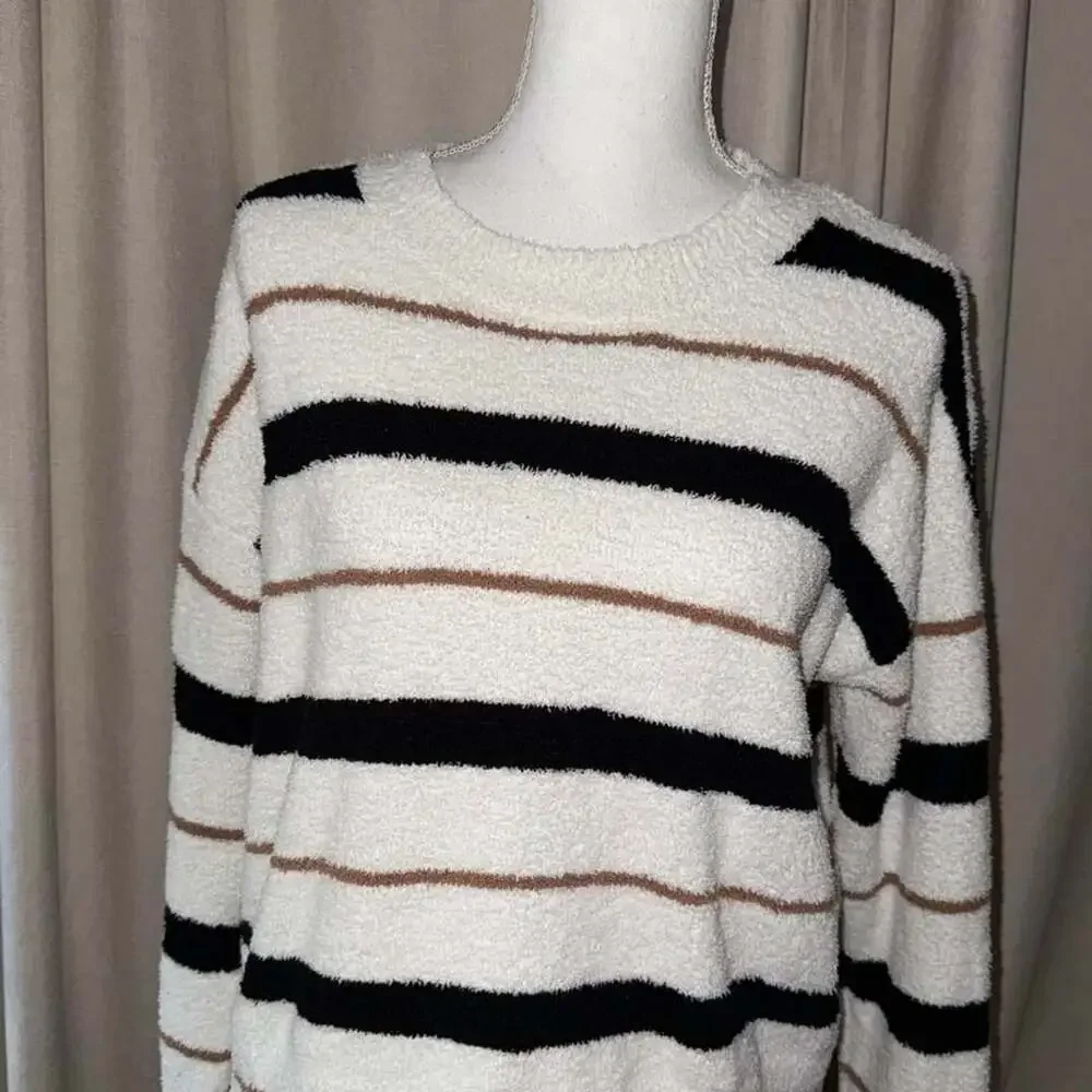 Altar'd State Striped Fuzzy Sweater Size S Cream Black Tan Cozy Knit